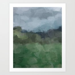 Storm in the Forest - Blue Gray Clouds Grass Green Abstract Nature Rustic Painting Art Printr  Art Print