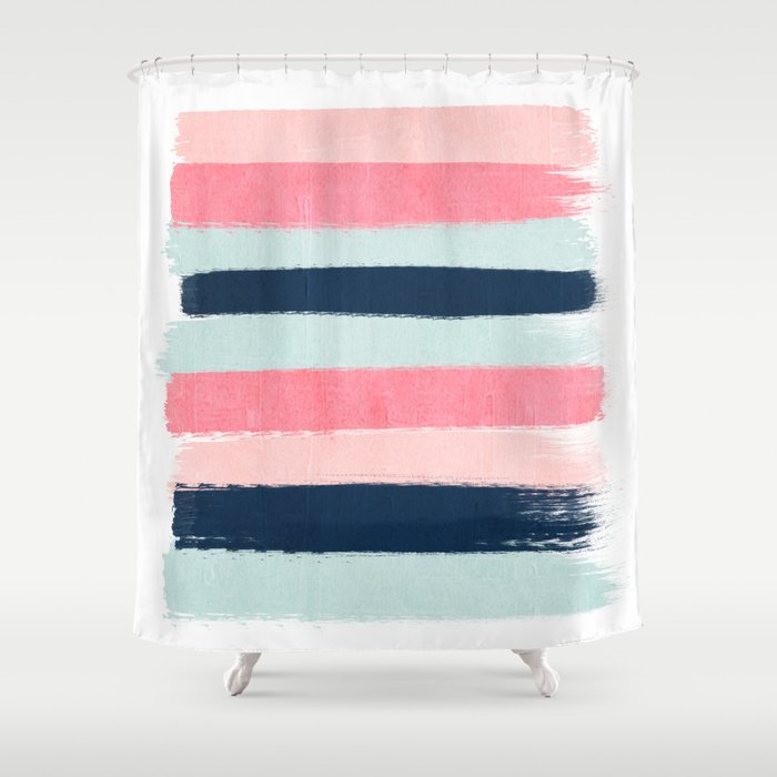 Striped painted coral mint navy pink pattern stripes minimalist Shower Curtain