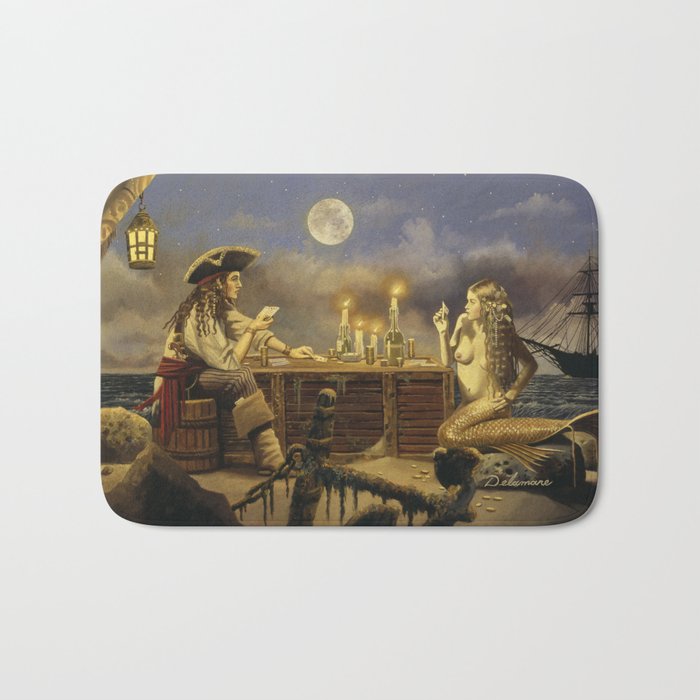 "The Wager" by David Delamare (Pirate and Mermaid playing cards) Bath Mat