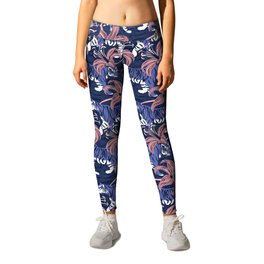 Tigers in a tiger lily garden // textured navy blue background very peri wild animals carissma pink flowers Leggings