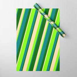 [ Thumbnail: Teal, Dark Green, Tan, and Green Colored Striped/Lined Pattern Wrapping Paper ]