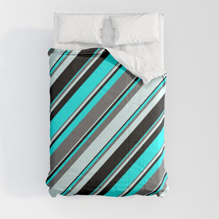 Aqua, Dim Gray, Light Cyan & Black Colored Lines/Stripes Pattern Comforter