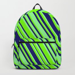[ Thumbnail: Midnight Blue, Green & Chartreuse Colored Lined/Striped Pattern Backpack ]