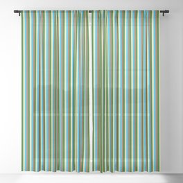 [ Thumbnail: Pale Goldenrod, Deep Sky Blue, Sienna & Dark Green Colored Lined/Striped Pattern Sheer Curtain ]