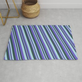 [ Thumbnail: Slate Blue, Dark Slate Gray, and Light Blue Colored Pattern of Stripes Rug ]