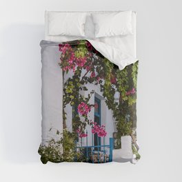 Traditional Greek Street Scenery | Blue Door and Pink Flowers | Island Life | Travel Photography in Europe Duvet Cover