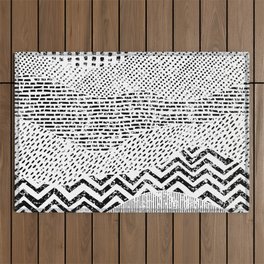 Black and white wavy pattern. Hand-drawn ornament in patchwork style. Grunge texture. Geometric doodle. vintage illustration. Outdoor Rug