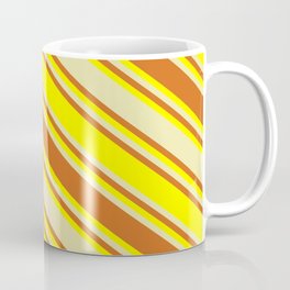 [ Thumbnail: Pale Goldenrod, Chocolate, and Yellow Colored Lined/Striped Pattern Coffee Mug ]