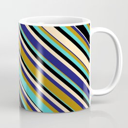 [ Thumbnail: Vibrant Dark Goldenrod, Turquoise, Black, Beige & Midnight Blue Colored Lines Pattern Coffee Mug ]