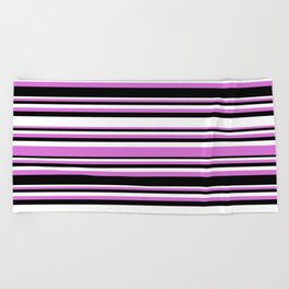 [ Thumbnail: Orchid, Black, and White Colored Striped/Lined Pattern Beach Towel ]