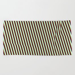 [ Thumbnail: Green, Brown, Black & White Colored Stripes Pattern Beach Towel ]