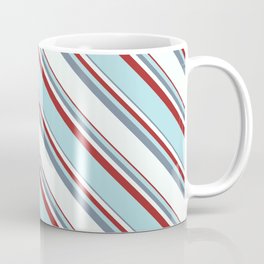 [ Thumbnail: Light Slate Gray, Mint Cream, Brown & Powder Blue Colored Lined/Striped Pattern Coffee Mug ]