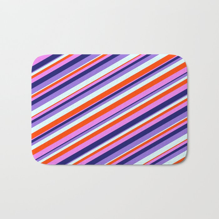Colorful Red, Violet, Midnight Blue, Purple, and Light Cyan Colored Lined Pattern Bath Mat