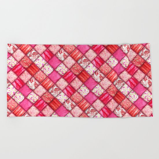 Faux Patchwork Quilting - Pink and Red Beach Towel