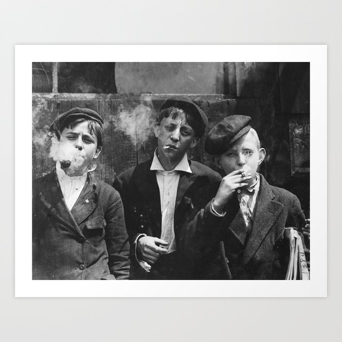 Lewis Hine - Newsies - Vintage Photo of Boys Smoking Art Print