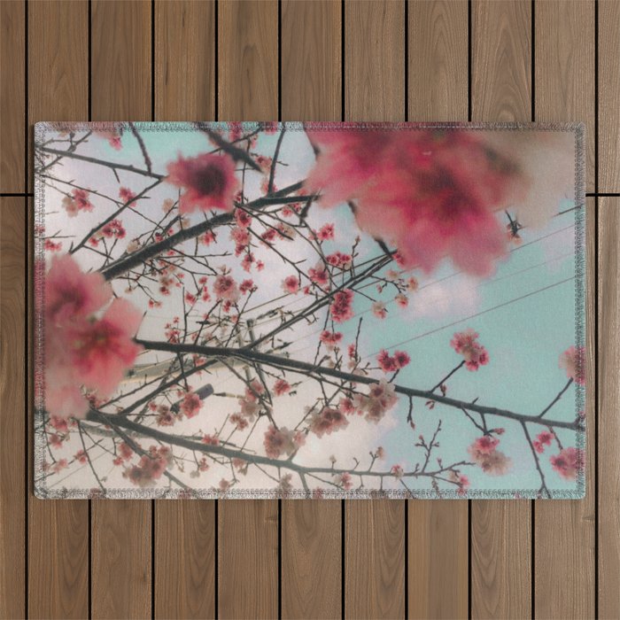 Aesthetic Pink Cherry Blossoms Flowers Outdoor Rug
