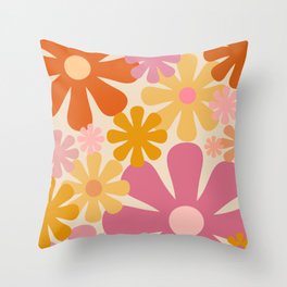 Retro 60s 70s Flowers Thulian Pink Orange Cream Pattern Throw Pillow