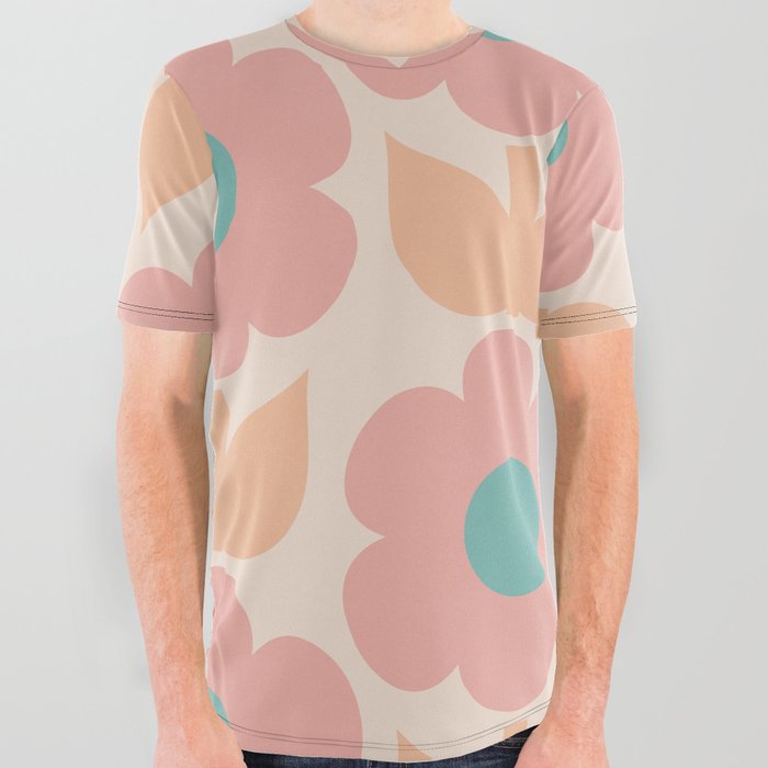 Jonnty Flowers Retro Floral Pattern Soft Muted Pastel Blush Apricot Teal All Over Graphic Tee