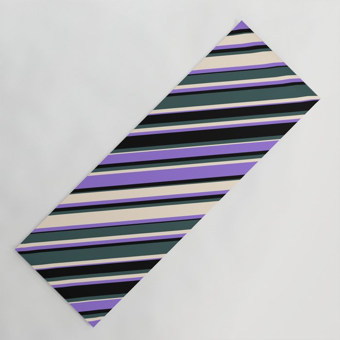 Dark Slate Gray, Beige, Purple & Black Colored Lined Pattern Yoga Mat