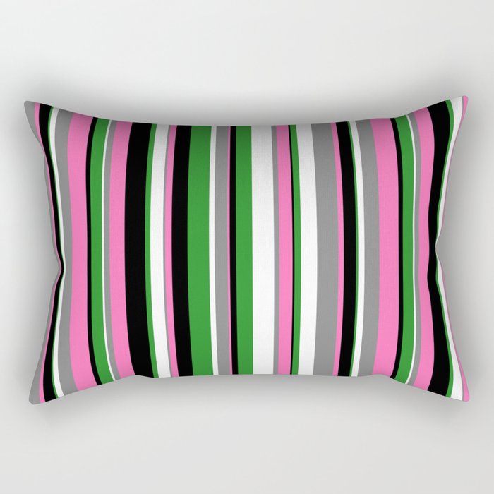 Eyecatching Black, Hot Pink, Gray, White, and Forest Green Colored Stripes/Lines Pattern Rectangular Pillow