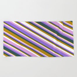[ Thumbnail: Colorful Dark Goldenrod, White, Plum, Purple & Dark Slate Gray Colored Lines/Stripes Pattern Beach Towel ]