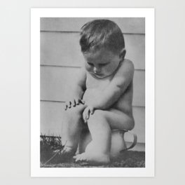 Giving all your effort - funny baby potty training on the pot black and white photograph  Art Print