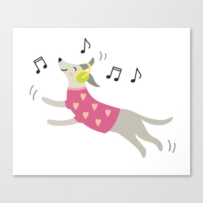 Music lover dancing dog with headphones  Canvas Print