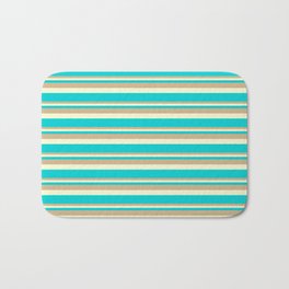 [ Thumbnail: Tan, Light Yellow, and Dark Turquoise Colored Lined Pattern Bath Mat ]