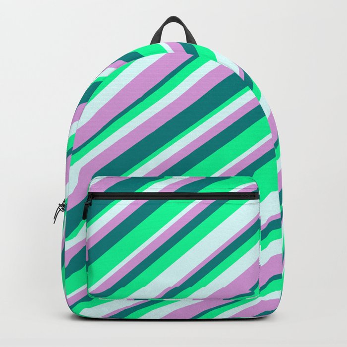 Plum, Teal, Green & Light Cyan Colored Striped Pattern Backpack
