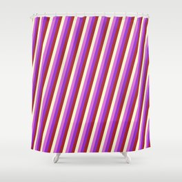 [ Thumbnail: Orchid, Dark Orchid, Brown, and Light Yellow Colored Lines/Stripes Pattern Shower Curtain ]
