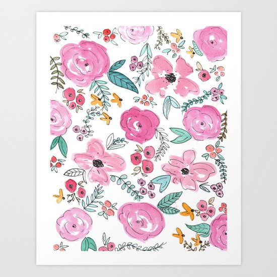 Pink Watercolor Floral Print Art Print