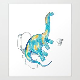 Brontosaurus in the bathroom dinosaur painting watercolour Art Print