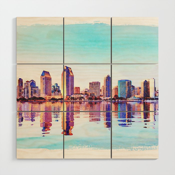 Digital artwork of the skyline of San Diego printed on wood blocks at Society6