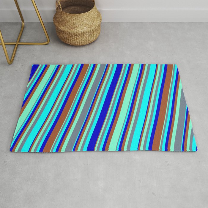 Colorful Aquamarine, Slate Gray, Cyan, Blue & Sienna Colored Striped/Lined Pattern Rug