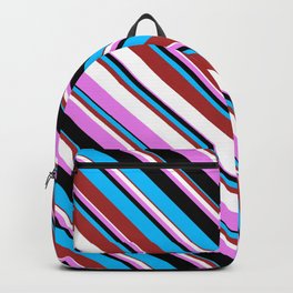 [ Thumbnail: Deep Sky Blue, Brown, White, Violet, and Black Colored Striped/Lined Pattern Backpack ]
