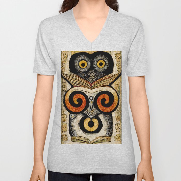 Owl, in the style of Book of Kells V Neck T Shirt