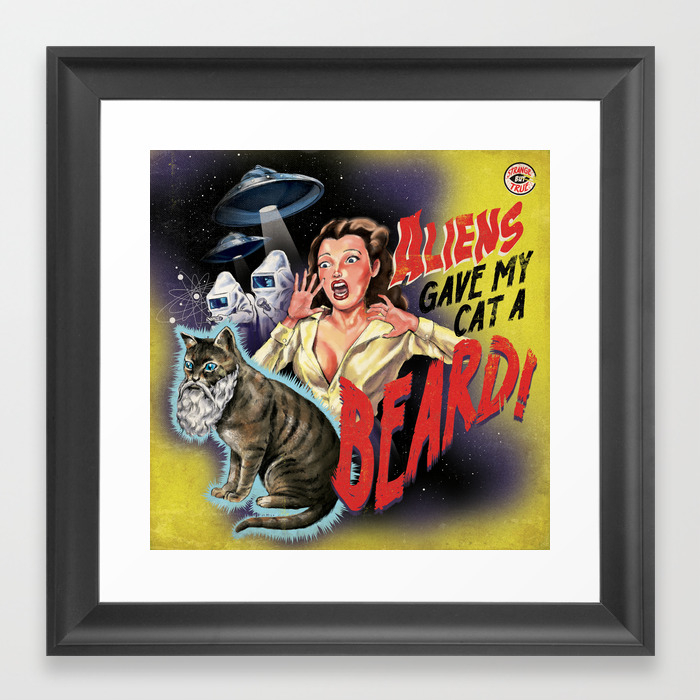 Aliens Gave My Cat A Beard Yellow Framed Art Print By