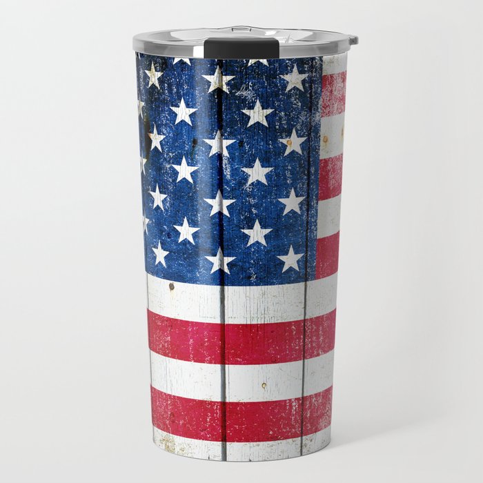 Distressed American Flag On Wood Planks - Horizontal Travel Mug