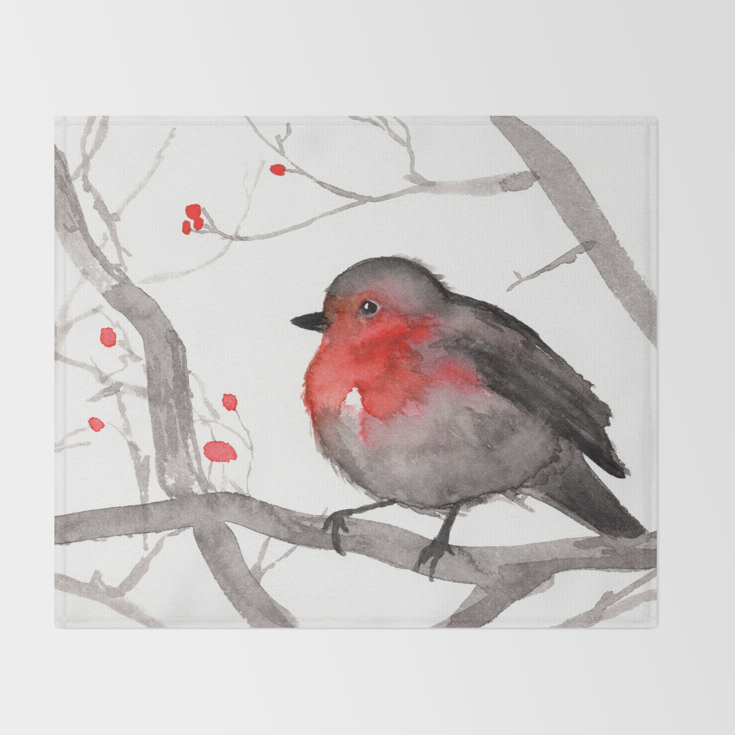 Little Red And Black Bird On A Berry Branch Throw Blanket By