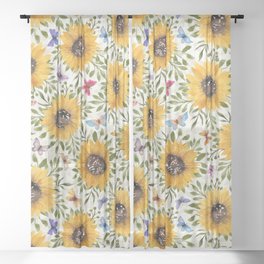 Watercolor Sunflowers and Butterflies | Golden Summer Floral Sheer Curtain