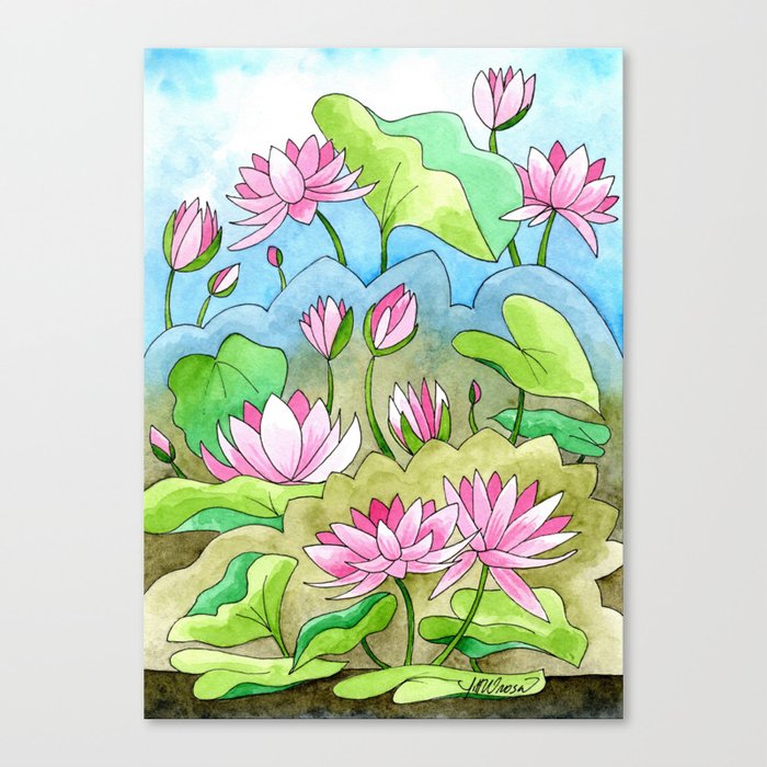 PINK WATER LILIES IN A LEAFY GREEN POND Canvas Print