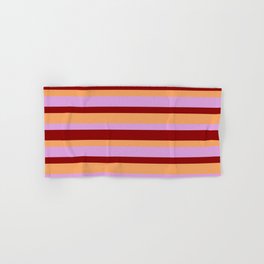 [ Thumbnail: Plum, Dark Red, and Brown Colored Lined Pattern Hand & Bath Towel ]