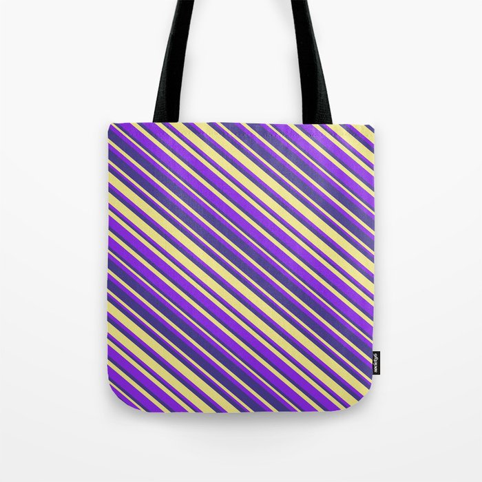 Purple, Dark Slate Blue, and Tan Colored Striped Pattern Tote Bag