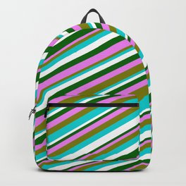 [ Thumbnail: Colorful Violet, Green, Dark Turquoise, White & Dark Green Colored Lines/Stripes Pattern Backpack ]