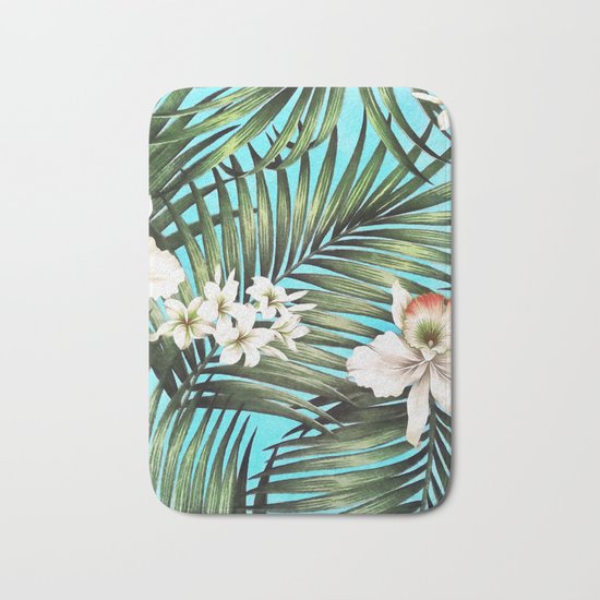 Palm leaves and flowers Bath Mat