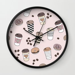 Coffee lovers morning routine coffee cups to go and donuts blush pink Wall Clock