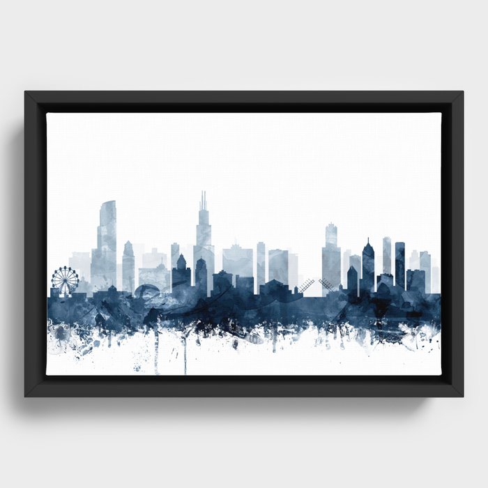 Chicago Skyline Navy Blue Watercolor by Zouzounio Art Framed Canvas