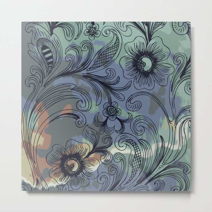 Floral Line Art with Watercolor Metal Print