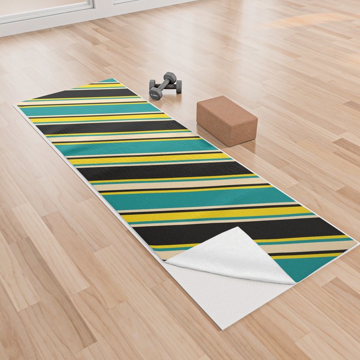 Dark Cyan, Beige, Black, and Yellow Colored Lines/Stripes Pattern Yoga Towel