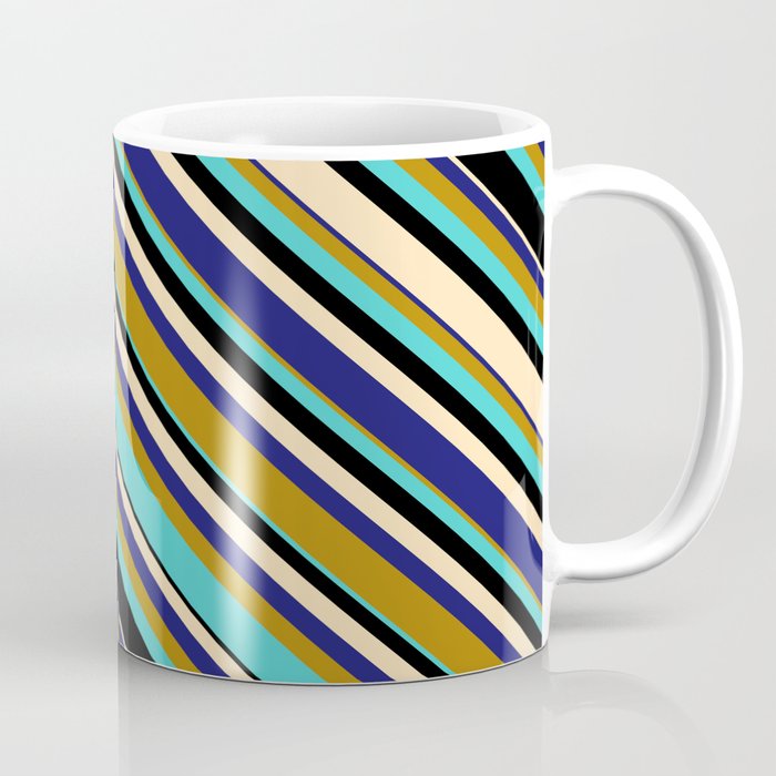 Vibrant Dark Goldenrod, Turquoise, Black, Beige & Midnight Blue Colored Lines Pattern Coffee Mug